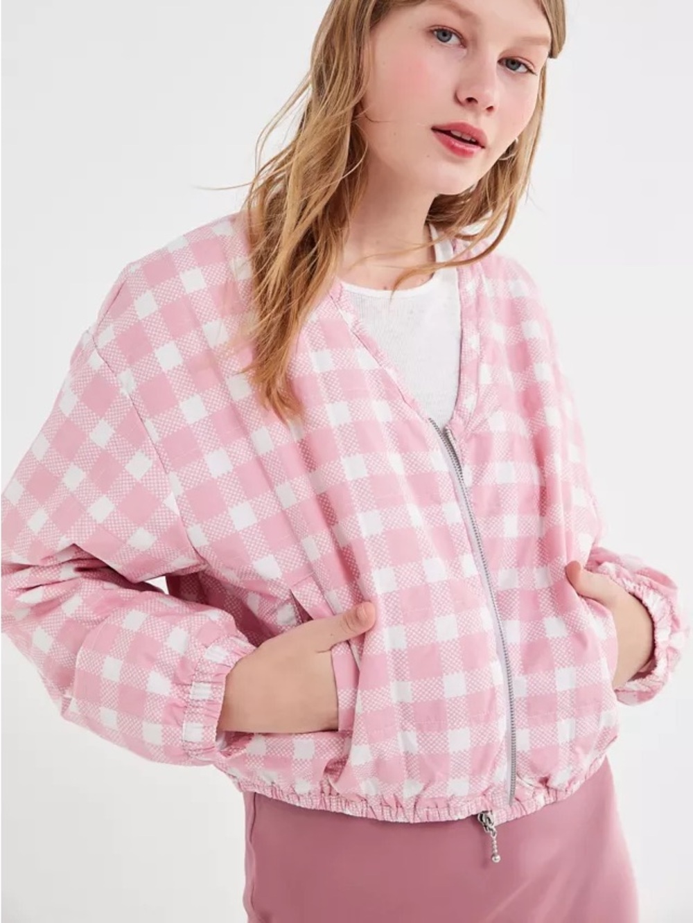 Urban Outfitters Gloria Pink Gingham Bomber Jacket